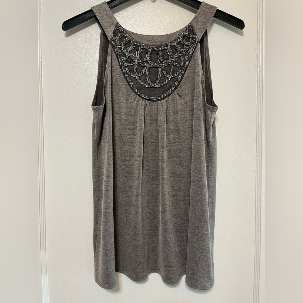 AB Studio Grey Charcoal Sleeveless Blouse Tank Top Elegant Decorative Neckline